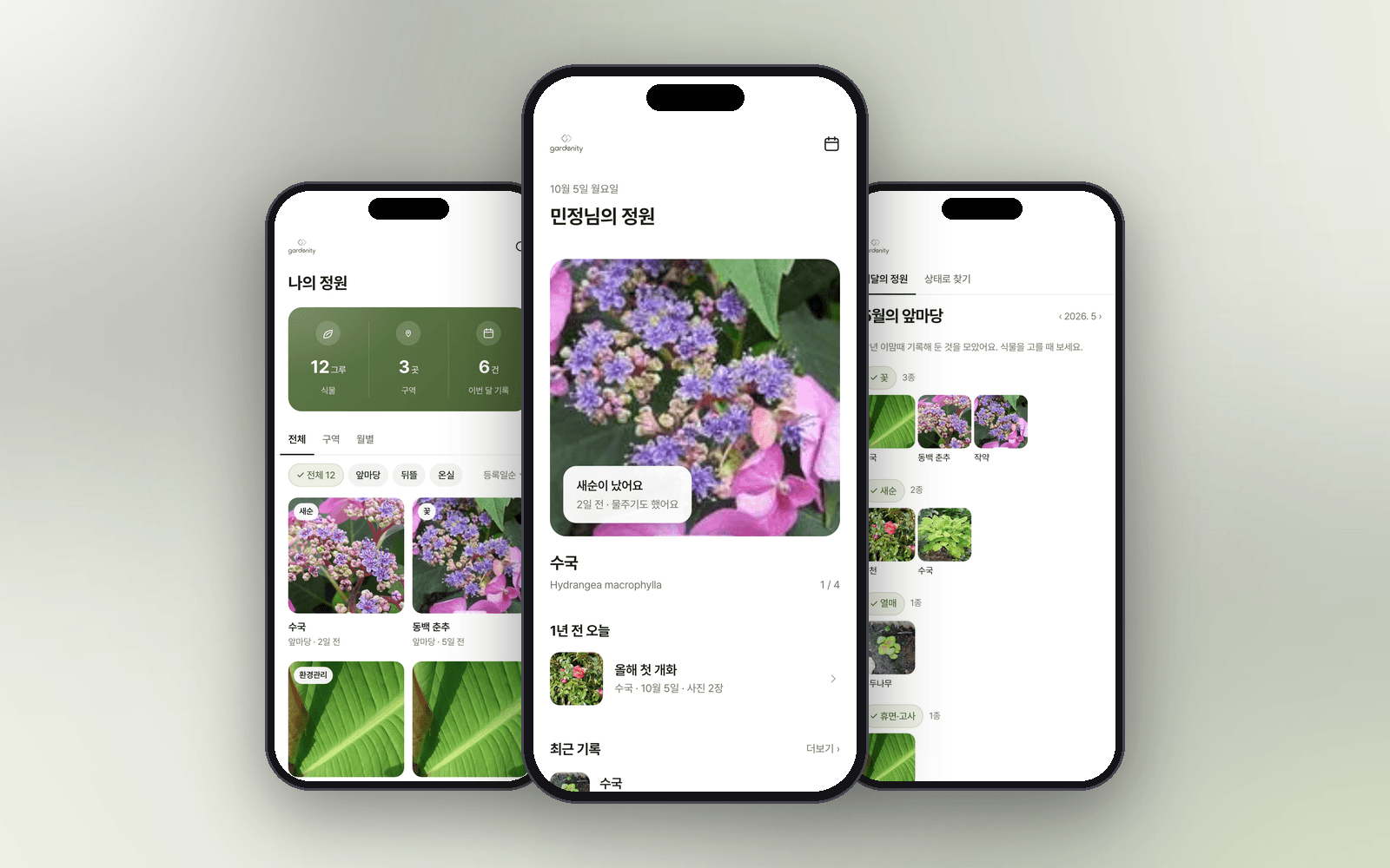 가드니티 정원 홈, 나의 정원, 이달의 정원 화면 목업
